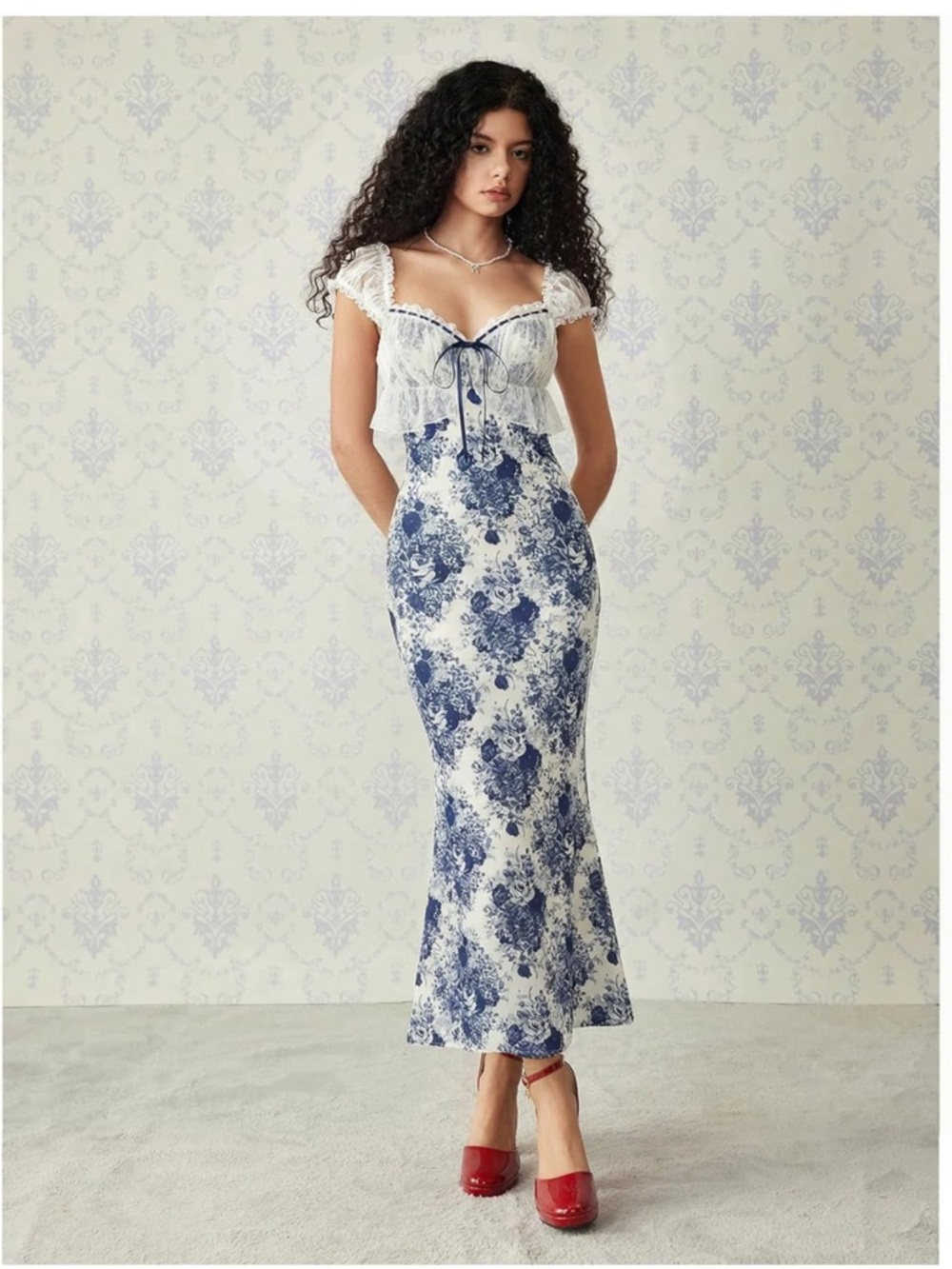 Amazon White and Blue Floral Lace-Trim Maxi Dress